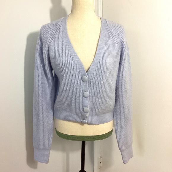 NWT DRESS FORUM SIZE LARGE CHUNKY KNIT BABY BLUE CARDIGAN BUTTON FRONT SOFT - Picture 1 of 11